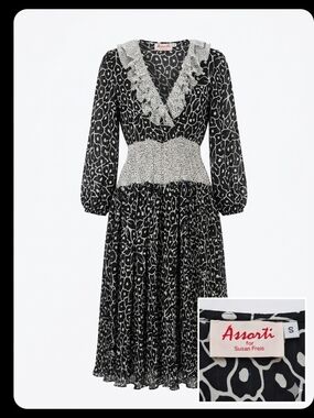 Black & White V-Neck Ruffle Midi Dress